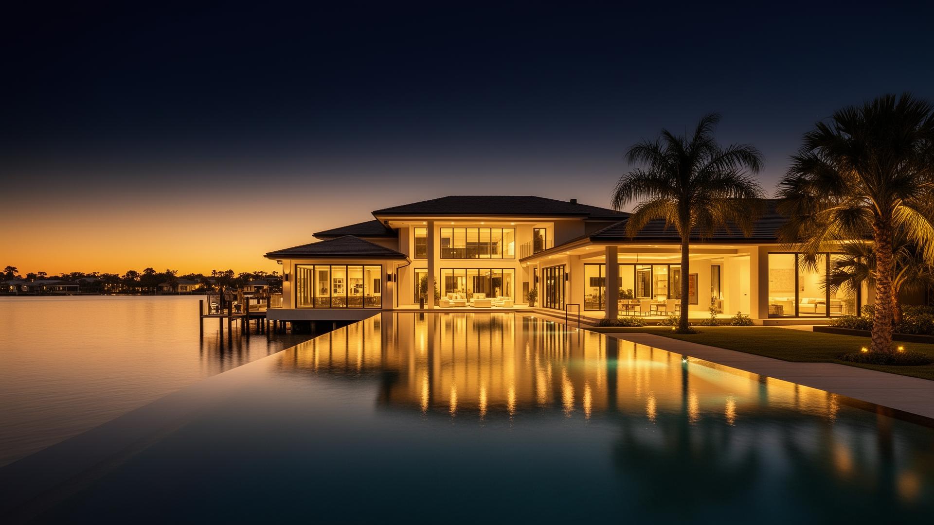 Luxury lakefront estate at dusk in Central Florida
